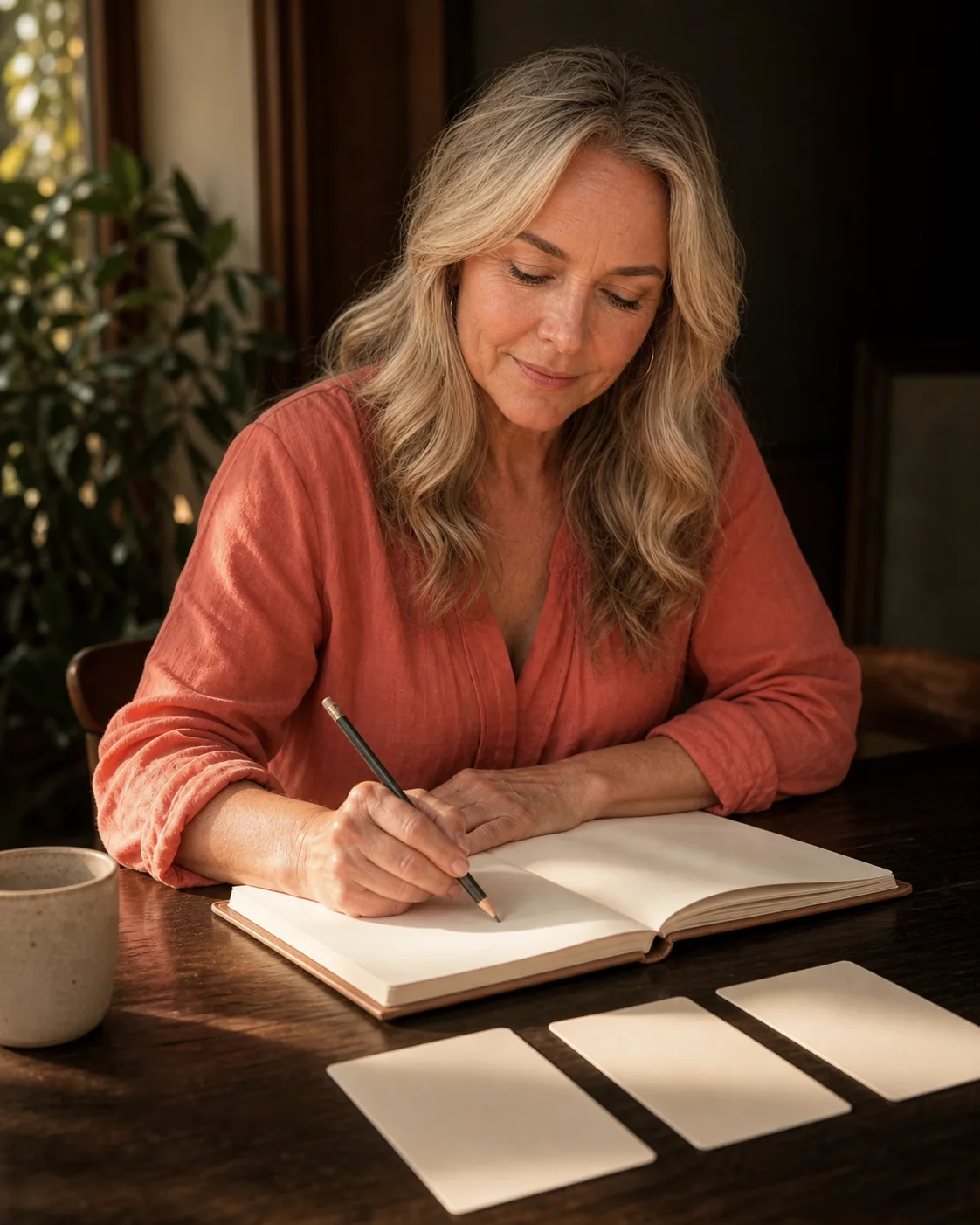 Amelia organizing a blank planner and milestone cards