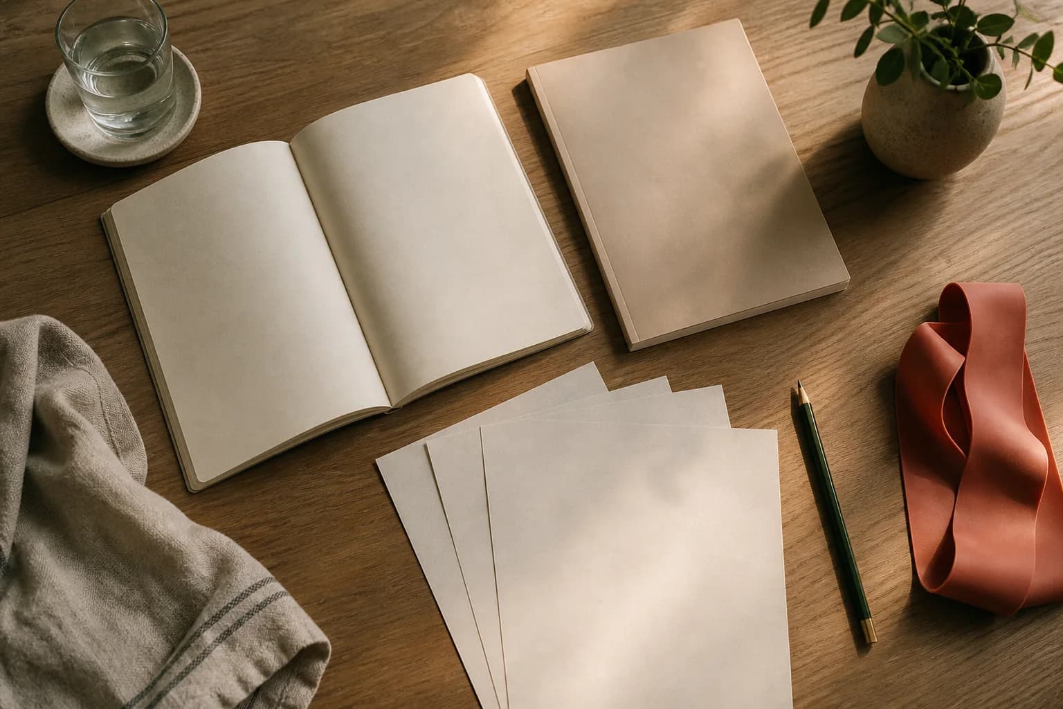 Blank Body Reset workbook pages, planning sheets, resistance band, towel, pencil, and water on a wooden table