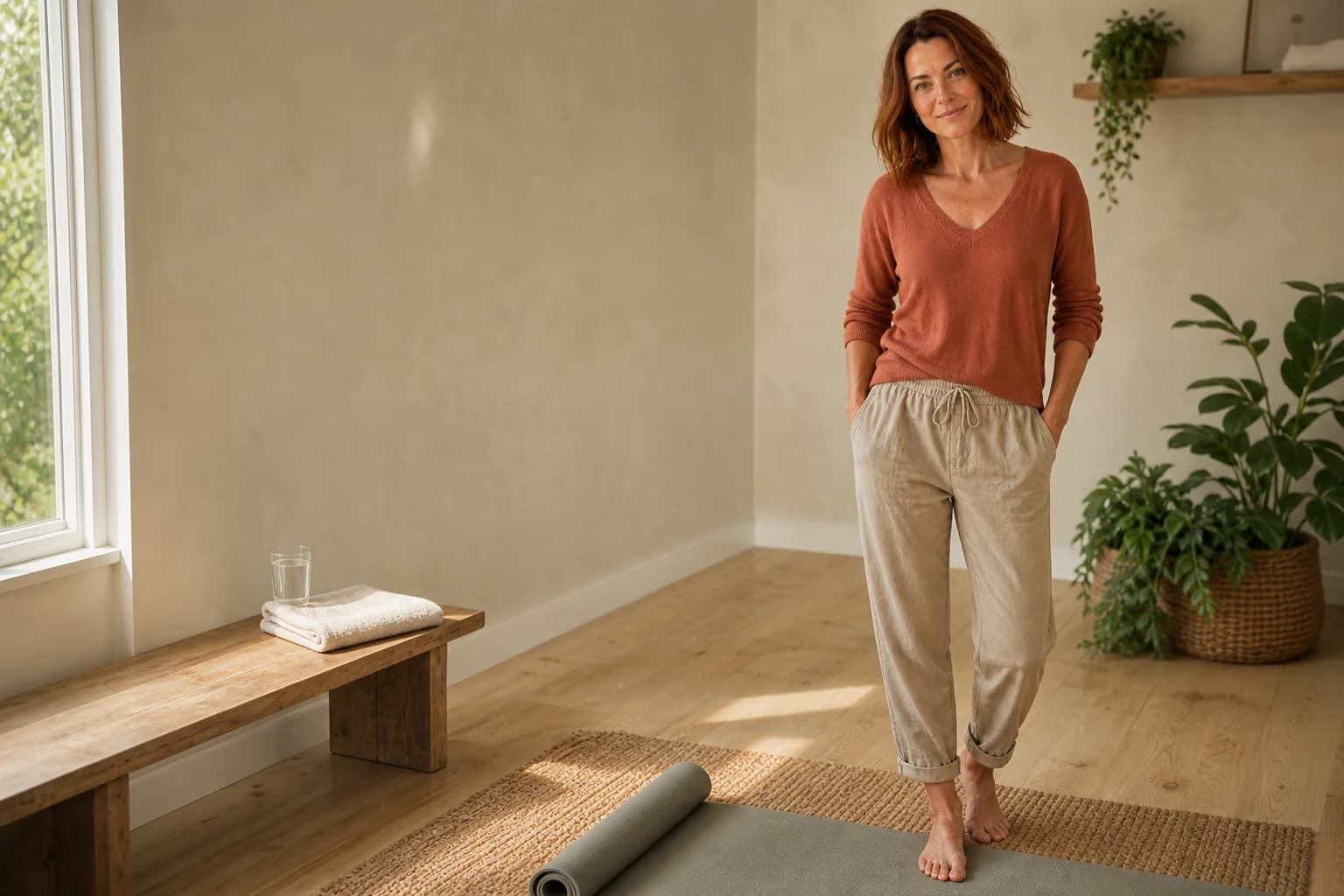 Melanie standing beside a movement mat in a warm, sunlit room