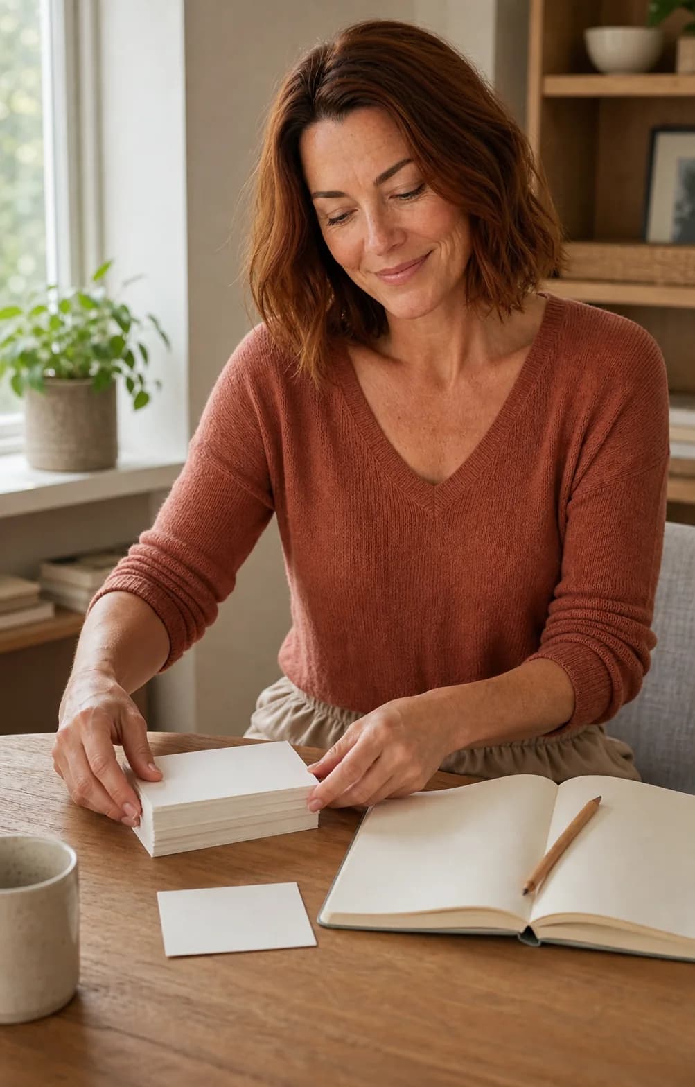 Melanie simplifying a stack of blank cards beside an open notebook