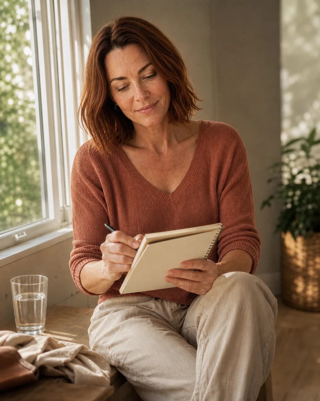 Melanie reviewing a small notebook beside a sunlit window