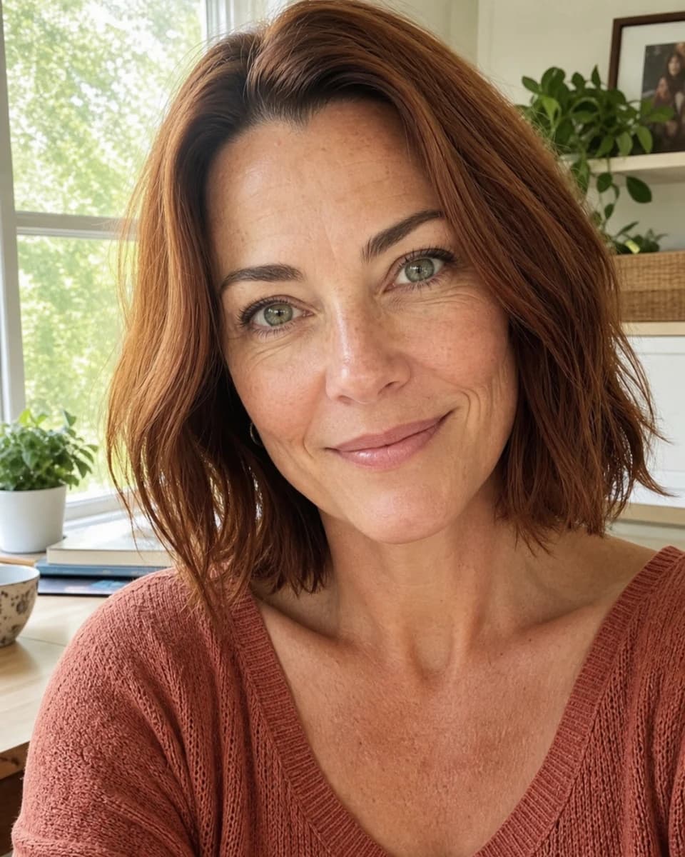 Close portrait of Melanie in a warm home setting