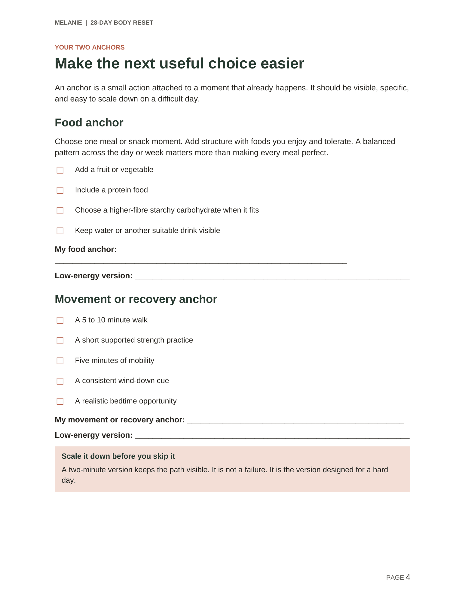 Starting point page from the Melanie 28-Day Body Reset PDF