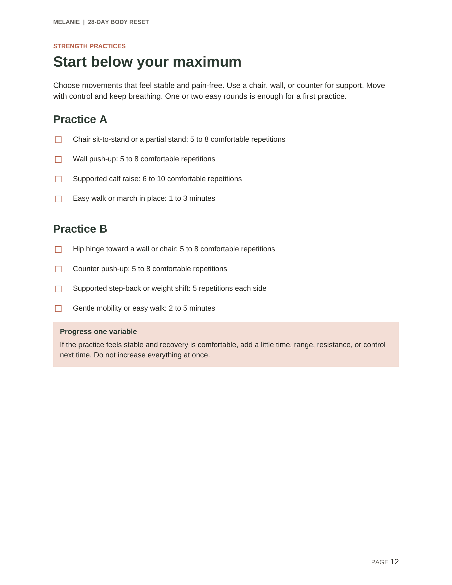 Supported strength practices from the Melanie Body Reset PDF