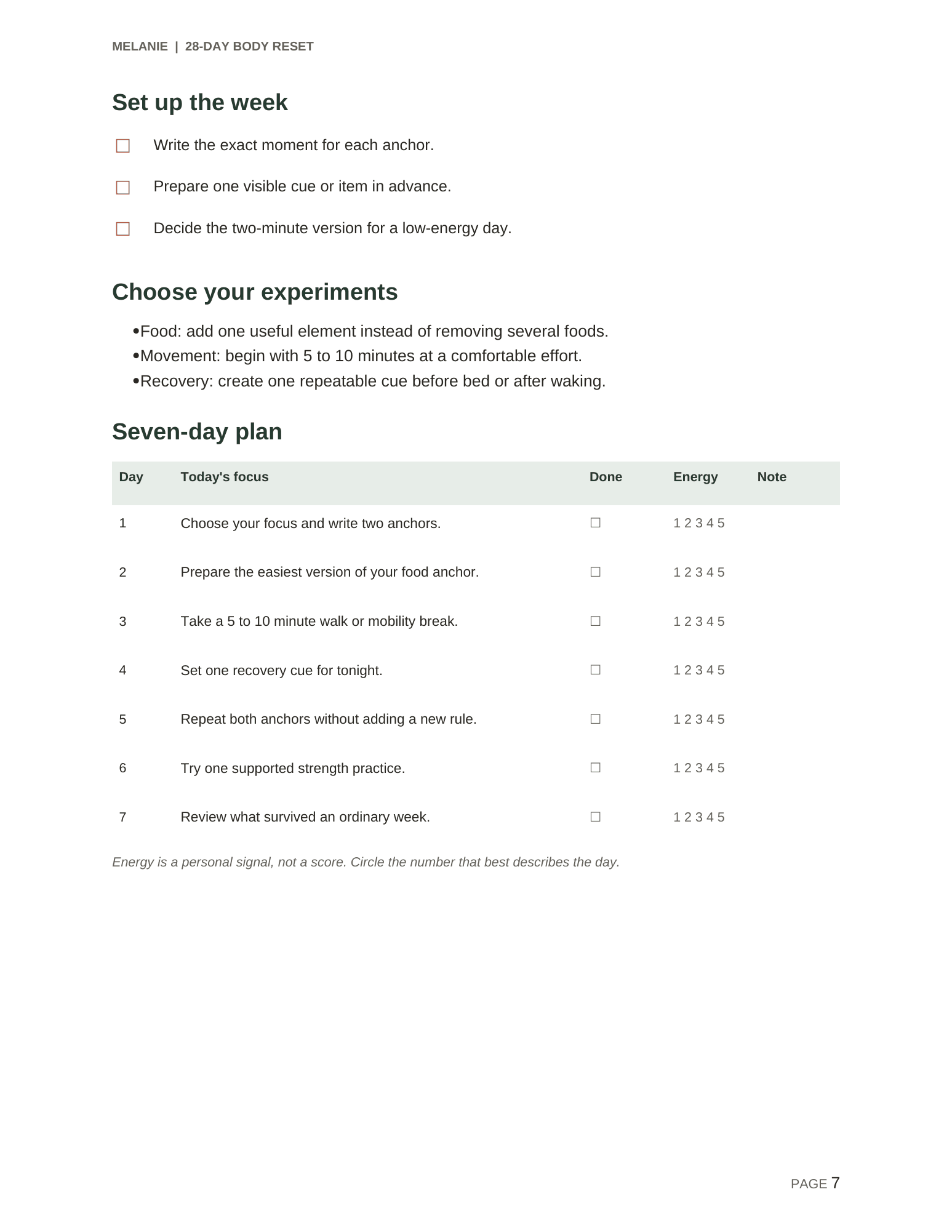 Seven-day plan and tracker from the Melanie Body Reset PDF