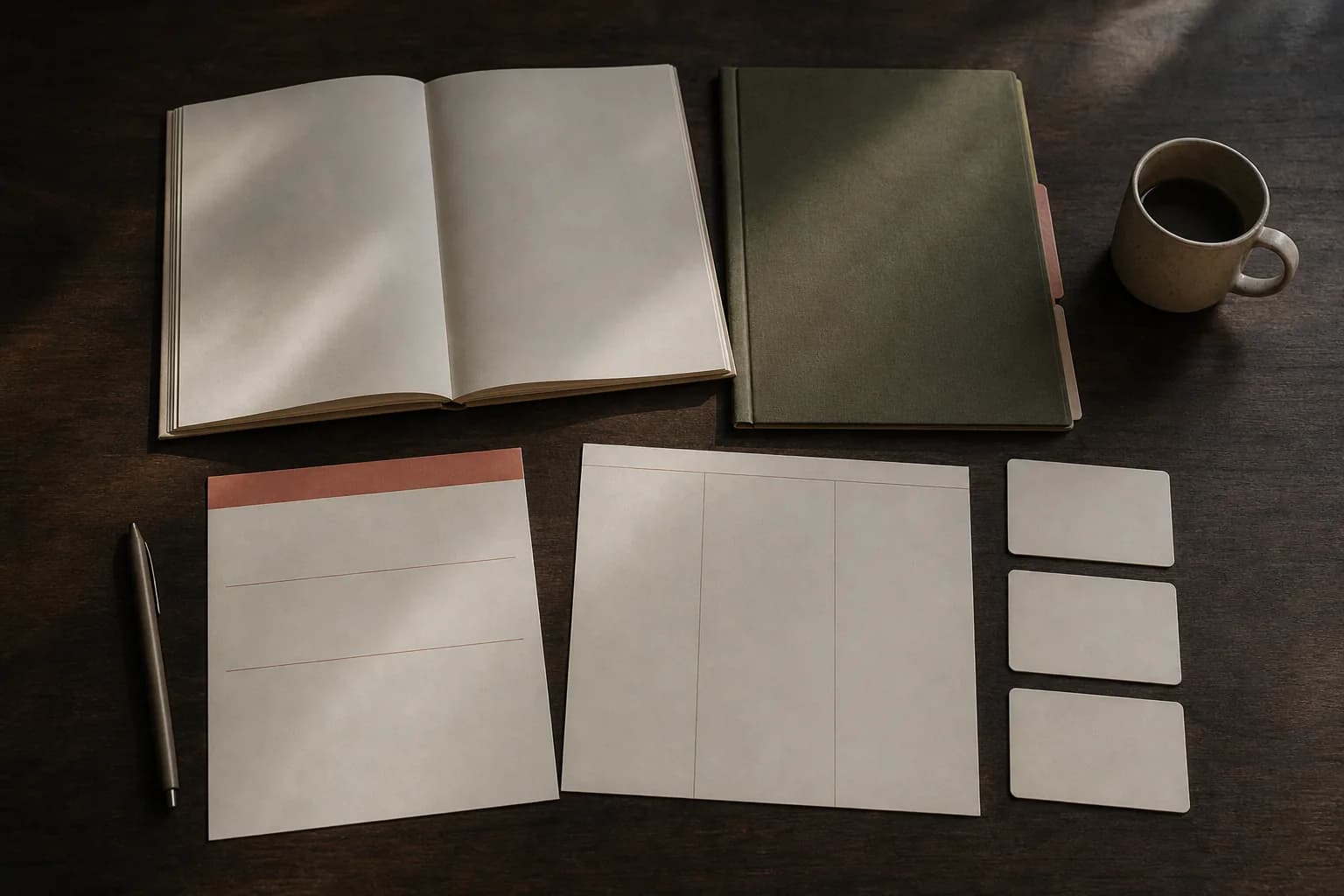 Blank educational planning workbook, appointment worksheet, planning sheet, question cards, pen, and cup on a dark wooden table