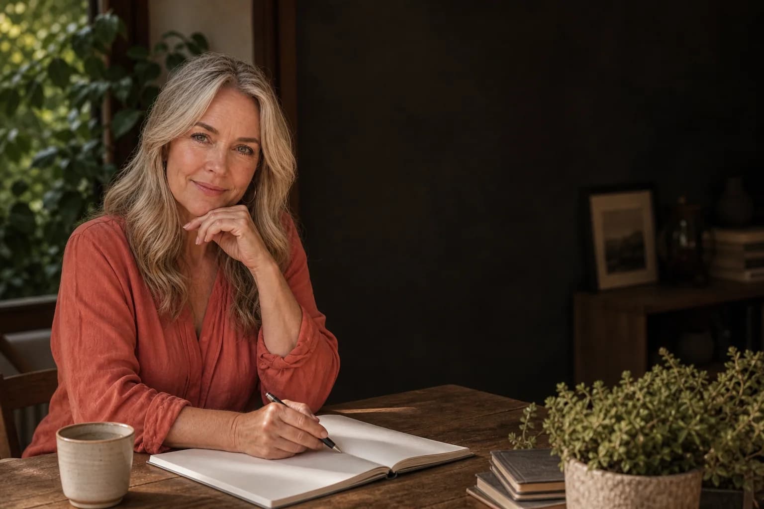 Amelia reviewing a notebook at a warm wooden table