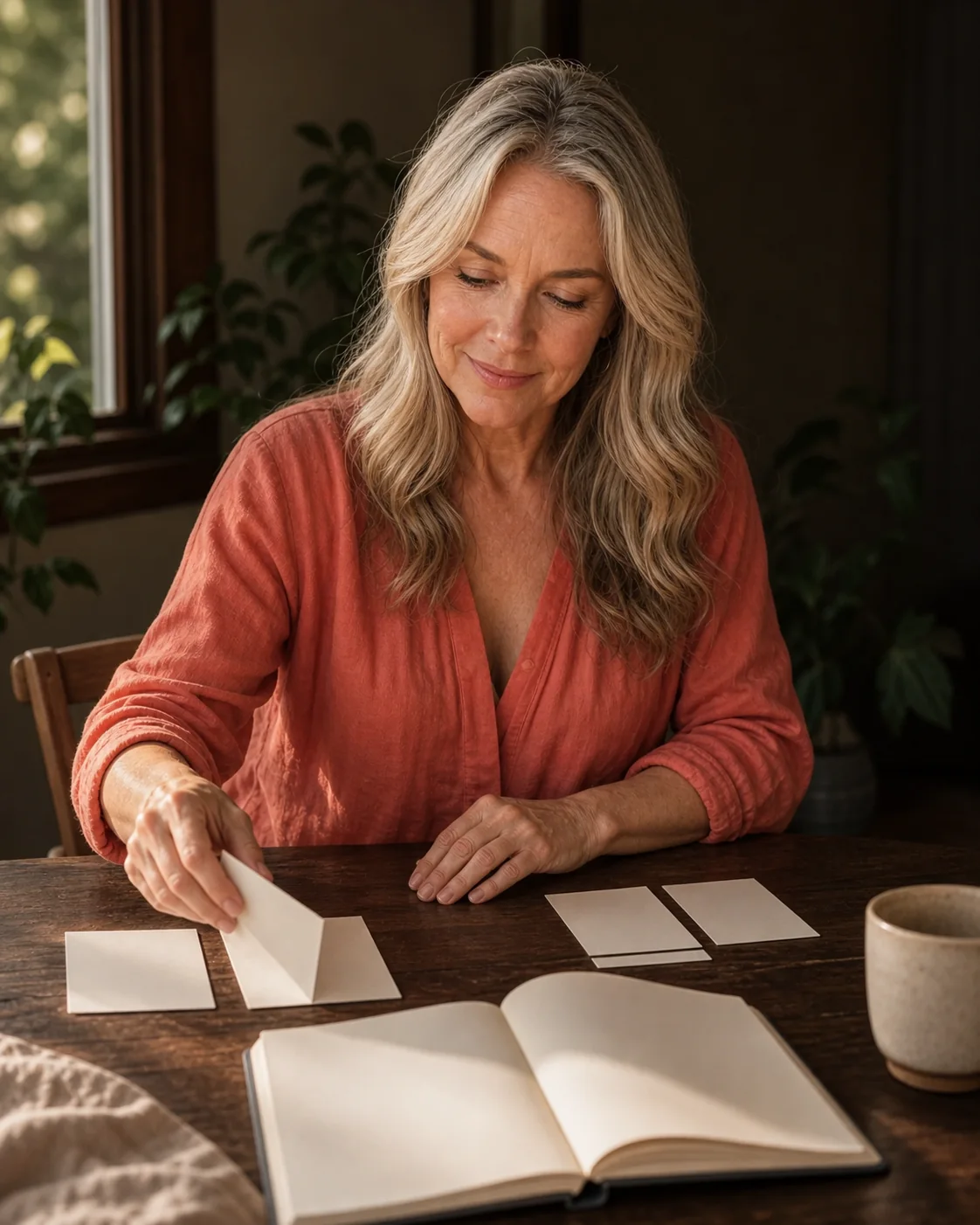 Amelia sorting blank cards beside an open notebook
